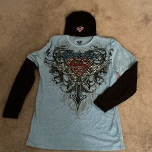 DC Comics Superman Blue Shirt and Black Beanie Set